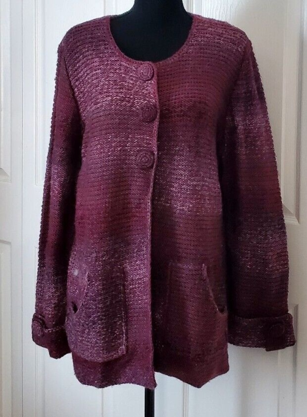 Laura Ashley Wool Blend Duster Womens Burgundy Cardigan Button Sweater Size L